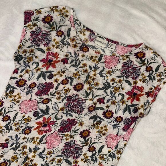 Rachel Zoe Women’s Small 100% Linen Colorful Floral Pink Cream Short Sleeve Tee - Picture 1 of 10